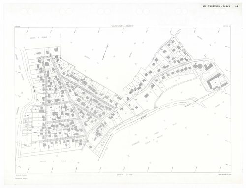 VARENNES-JARCY, plans minutes de conservation : tableau d'assemblage,1933, Ech. 1/5000 ; plans des sections BU, D2, G1, 1933, Ech. 1/2500, sections Cu, G3, 1933, Ech. 1/1250, section VU, 1955, Ech. 1/2000, section YA, 1998, Ech. 1/2000, sections AA, AB, A