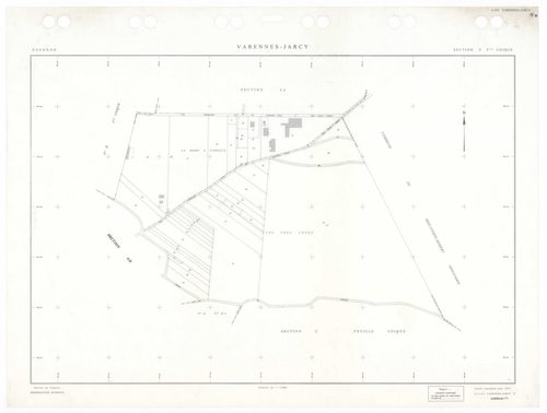 VARENNES-JARCY, plans minutes de conservation : tableau d'assemblage,1933, Ech. 1/5000 ; plans des sections BU, D2, G1, 1933, Ech. 1/2500, sections Cu, G3, 1933, Ech. 1/1250, section VU, 1955, Ech. 1/2000, section YA, 1998, Ech. 1/2000, sections AA, AB, A