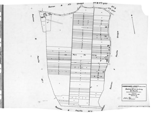 VARENNES-JARCY. - Cadastre révisé pour 1933 : plan du tableau d'assemblage, plans de la section A Rôle de Jarcy, section B la Plaine, section E Maillefer, section F le Village, section G Jarcy 2ème feuille, idem 3ème feuille, [7 plans]. 