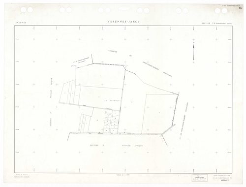 VARENNES-JARCY, plans minutes de conservation : tableau d'assemblage,1933, Ech. 1/5000 ; plans des sections BU, D2, G1, 1933, Ech. 1/2500, sections Cu, G3, 1933, Ech. 1/1250, section VU, 1955, Ech. 1/2000, section YA, 1998, Ech. 1/2000, sections AA, AB, A