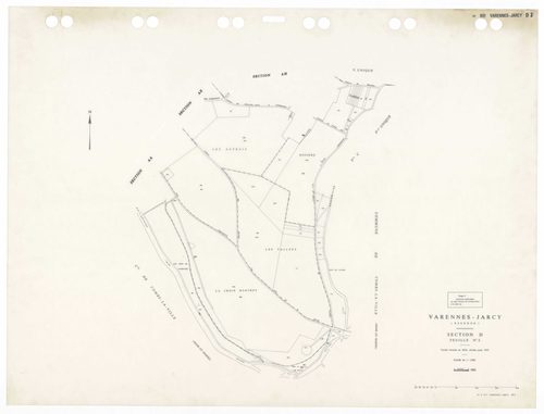 VARENNES-JARCY, plans minutes de conservation : tableau d'assemblage,1933, Ech. 1/5000 ; plans des sections BU, D2, G1, 1933, Ech. 1/2500, sections Cu, G3, 1933, Ech. 1/1250, section VU, 1955, Ech. 1/2000, section YA, 1998, Ech. 1/2000, sections AA, AB, A