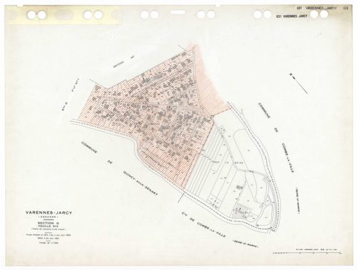 VARENNES-JARCY, plans minutes de conservation : tableau d'assemblage,1933, Ech. 1/5000 ; plans des sections BU, D2, G1, 1933, Ech. 1/2500, sections Cu, G3, 1933, Ech. 1/1250, section VU, 1955, Ech. 1/2000, section YA, 1998, Ech. 1/2000, sections AA, AB, A