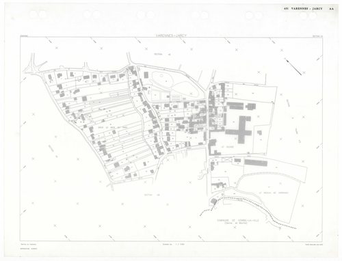 VARENNES-JARCY, plans minutes de conservation : tableau d'assemblage,1933, Ech. 1/5000 ; plans des sections BU, D2, G1, 1933, Ech. 1/2500, sections Cu, G3, 1933, Ech. 1/1250, section VU, 1955, Ech. 1/2000, section YA, 1998, Ech. 1/2000, sections AA, AB, A