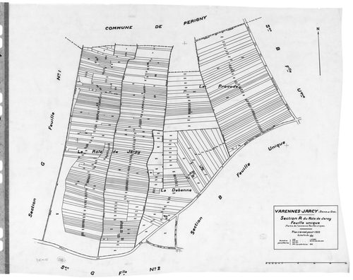 VARENNES-JARCY. - Cadastre révisé pour 1933 : plan du tableau d'assemblage, plans de la section A Rôle de Jarcy, section B la Plaine, section E Maillefer, section F le Village, section G Jarcy 2ème feuille, idem 3ème feuille, [7 plans]. 