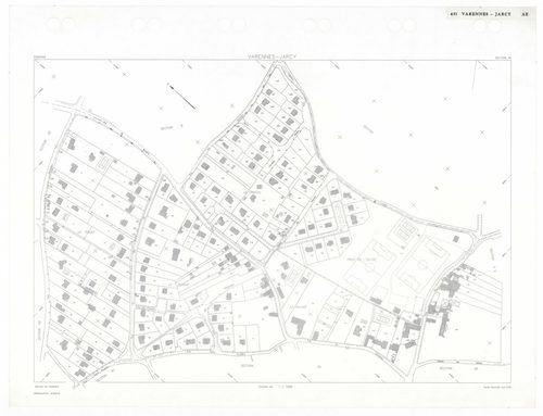 VARENNES-JARCY, plans minutes de conservation : tableau d'assemblage,1933, Ech. 1/5000 ; plans des sections BU, D2, G1, 1933, Ech. 1/2500, sections Cu, G3, 1933, Ech. 1/1250, section VU, 1955, Ech. 1/2000, section YA, 1998, Ech. 1/2000, sections AA, AB, A