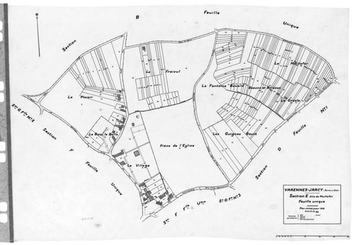VARENNES-JARCY. - Cadastre révisé pour 1933 : plan du tableau d'assemblage, plans de la section A Rôle de Jarcy, section B la Plaine, section E Maillefer, section F le Village, section G Jarcy 2ème feuille, idem 3ème feuille, [7 plans]. 