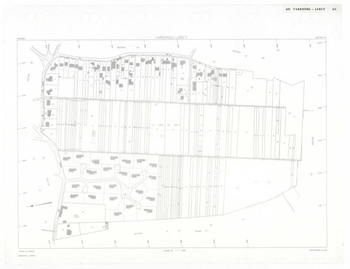 VARENNES-JARCY, plans minutes de conservation : tableau d'assemblage,1933, Ech. 1/5000 ; plans des sections BU, D2, G1, 1933, Ech. 1/2500, sections Cu, G3, 1933, Ech. 1/1250, section VU, 1955, Ech. 1/2000, section YA, 1998, Ech. 1/2000, sections AA, AB, A
