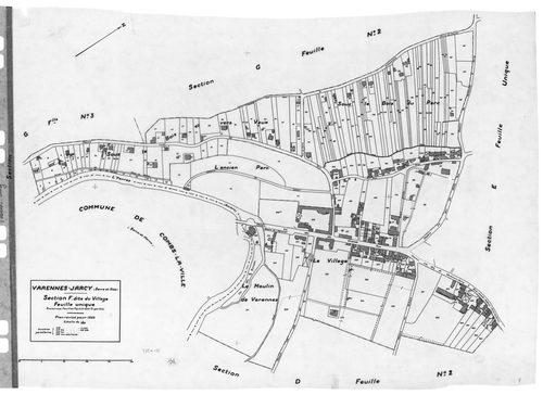 VARENNES-JARCY. - Cadastre révisé pour 1933 : plan du tableau d'assemblage, plans de la section A Rôle de Jarcy, section B la Plaine, section E Maillefer, section F le Village, section G Jarcy 2ème feuille, idem 3ème feuille, [7 plans]. 