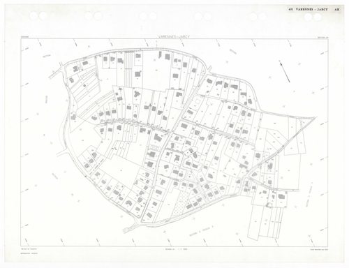 VARENNES-JARCY, plans minutes de conservation : tableau d'assemblage,1933, Ech. 1/5000 ; plans des sections BU, D2, G1, 1933, Ech. 1/2500, sections Cu, G3, 1933, Ech. 1/1250, section VU, 1955, Ech. 1/2000, section YA, 1998, Ech. 1/2000, sections AA, AB, A