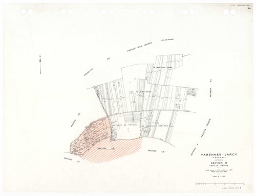 VARENNES-JARCY, plans minutes de conservation : tableau d'assemblage,1933, Ech. 1/5000 ; plans des sections BU, D2, G1, 1933, Ech. 1/2500, sections Cu, G3, 1933, Ech. 1/1250, section VU, 1955, Ech. 1/2000, section YA, 1998, Ech. 1/2000, sections AA, AB, A