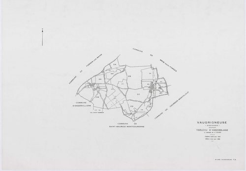 VAUGRIGNEUSE, plans minutes de conservation : tableau d'assemblage,1937, Ech. 1/10000 ; plans des sections A3, A4, B2, C3, C5, 1937, Ech. 1/1250, sections B1, C1, 1937, Ech. 1/2500, sections ZA, ZB, ZC, ZD, ZE, 1978, Ech. 1/2000. Polyester. N et B. Dim. 1