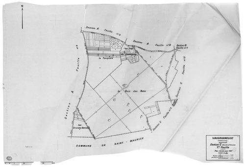 VAUGRIGNEUSE. - Cadastre révisé pour 1937 : plan du tableau d'assemblage, plans de la section A Machery 1ère feuille, idem 2ème feuille, idem 3ème feuille, idem 4ème feuille, idem 5ème feuille, idem 6ème feuille, section B le Village 1ère feuille, idem 2è