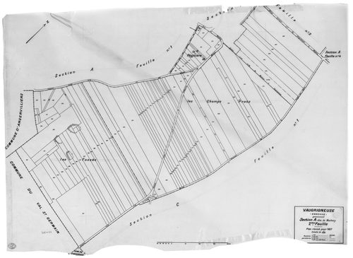 VAUGRIGNEUSE. - Cadastre révisé pour 1937 : plan du tableau d'assemblage, plans de la section A Machery 1ère feuille, idem 2ème feuille, idem 3ème feuille, idem 4ème feuille, idem 5ème feuille, idem 6ème feuille, section B le Village 1ère feuille, idem 2è