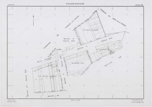 VAUGRIGNEUSE, plans minutes de conservation : tableau d'assemblage,1937, Ech. 1/10000 ; plans des sections A3, A4, B2, C3, C5, 1937, Ech. 1/1250, sections B1, C1, 1937, Ech. 1/2500, sections ZA, ZB, ZC, ZD, ZE, 1978, Ech. 1/2000. Polyester. N et B. Dim. 1