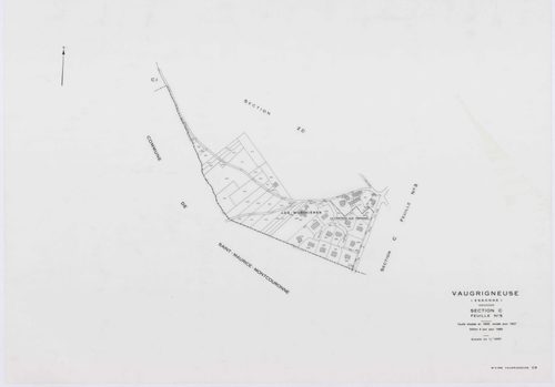 VAUGRIGNEUSE, plans minutes de conservation : tableau d'assemblage,1937, Ech. 1/10000 ; plans des sections A3, A4, B2, C3, C5, 1937, Ech. 1/1250, sections B1, C1, 1937, Ech. 1/2500, sections ZA, ZB, ZC, ZD, ZE, 1978, Ech. 1/2000. Polyester. N et B. Dim. 1