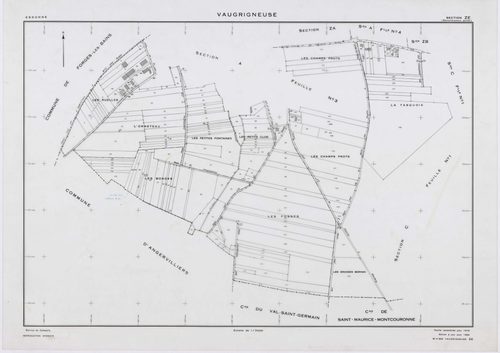 VAUGRIGNEUSE, plans minutes de conservation : tableau d'assemblage,1937, Ech. 1/10000 ; plans des sections A3, A4, B2, C3, C5, 1937, Ech. 1/1250, sections B1, C1, 1937, Ech. 1/2500, sections ZA, ZB, ZC, ZD, ZE, 1978, Ech. 1/2000. Polyester. N et B. Dim. 1