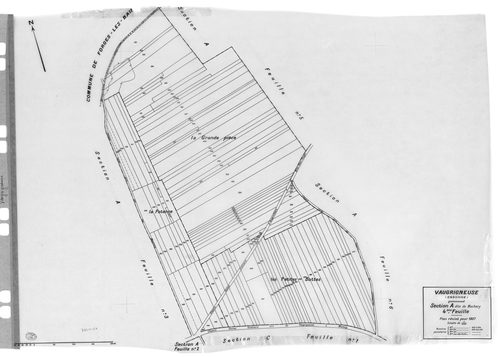 VAUGRIGNEUSE. - Cadastre révisé pour 1937 : plan du tableau d'assemblage, plans de la section A Machery 1ère feuille, idem 2ème feuille, idem 3ème feuille, idem 4ème feuille, idem 5ème feuille, idem 6ème feuille, section B le Village 1ère feuille, idem 2è