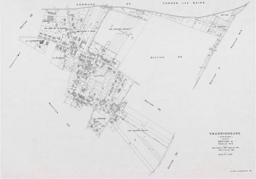 VAUGRIGNEUSE, plans minutes de conservation : tableau d'assemblage,1937, Ech. 1/10000 ; plans des sections A3, A4, B2, C3, C5, 1937, Ech. 1/1250, sections B1, C1, 1937, Ech. 1/2500, sections ZA, ZB, ZC, ZD, ZE, 1978, Ech. 1/2000. Polyester. N et B. Dim. 1