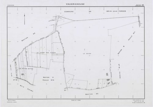 VAUGRIGNEUSE, plans minutes de conservation : tableau d'assemblage,1937, Ech. 1/10000 ; plans des sections A3, A4, B2, C3, C5, 1937, Ech. 1/1250, sections B1, C1, 1937, Ech. 1/2500, sections ZA, ZB, ZC, ZD, ZE, 1978, Ech. 1/2000. Polyester. N et B. Dim. 1