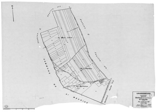 VAUGRIGNEUSE. - Cadastre révisé pour 1937 : plan du tableau d'assemblage, plans de la section A Machery 1ère feuille, idem 2ème feuille, idem 3ème feuille, idem 4ème feuille, idem 5ème feuille, idem 6ème feuille, section B le Village 1ère feuille, idem 2è