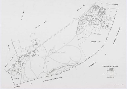 VAUGRIGNEUSE, plans minutes de conservation : tableau d'assemblage,1937, Ech. 1/10000 ; plans des sections A3, A4, B2, C3, C5, 1937, Ech. 1/1250, sections B1, C1, 1937, Ech. 1/2500, sections ZA, ZB, ZC, ZD, ZE, 1978, Ech. 1/2000. Polyester. N et B. Dim. 1