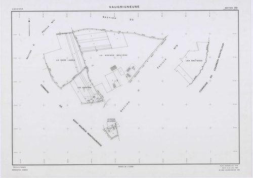 VAUGRIGNEUSE, plans minutes de conservation : tableau d'assemblage,1937, Ech. 1/10000 ; plans des sections A3, A4, B2, C3, C5, 1937, Ech. 1/1250, sections B1, C1, 1937, Ech. 1/2500, sections ZA, ZB, ZC, ZD, ZE, 1978, Ech. 1/2000. Polyester. N et B. Dim. 1