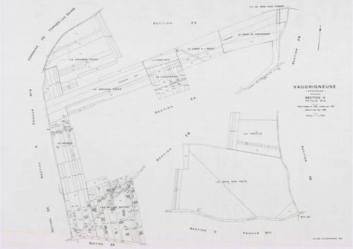 VAUGRIGNEUSE, plans minutes de conservation : tableau d'assemblage,1937, Ech. 1/10000 ; plans des sections A3, A4, B2, C3, C5, 1937, Ech. 1/1250, sections B1, C1, 1937, Ech. 1/2500, sections ZA, ZB, ZC, ZD, ZE, 1978, Ech. 1/2000. Polyester. N et B. Dim. 1