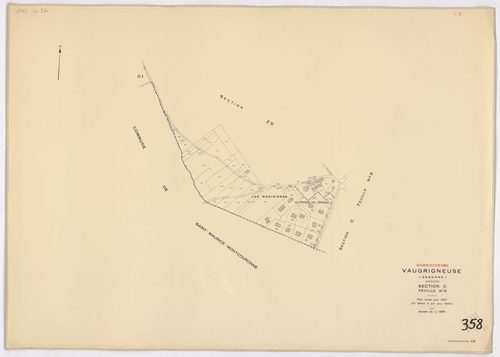 VAUGRIGNEUSE. - Cadastre révisé pour 1937, à jour pour 1978 (2ème édition) : plans du tableau d'assemblage, des sections A (feuilles 3-4), B (feuilles 1-2), C (feuilles 1, 3 et 5) ; feuille renouvelée pour 1978, remembrement partiel : plans des sections Z