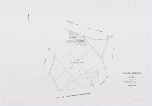 VAUGRIGNEUSE, plans minutes de conservation : tableau d'assemblage,1937, Ech. 1/10000 ; plans des sections A3, A4, B2, C3, C5, 1937, Ech. 1/1250, sections B1, C1, 1937, Ech. 1/2500, sections ZA, ZB, ZC, ZD, ZE, 1978, Ech. 1/2000. Polyester. N et B. Dim. 1
