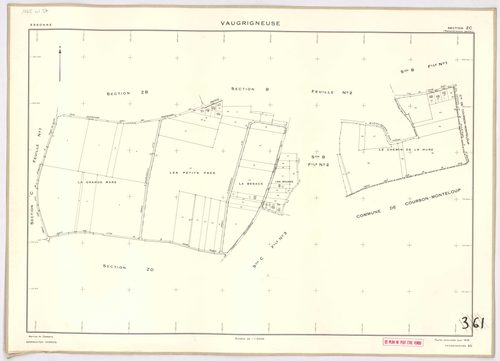 VAUGRIGNEUSE. - Cadastre révisé pour 1937, à jour pour 1978 (2ème édition) : plans du tableau d'assemblage, des sections A (feuilles 3-4), B (feuilles 1-2), C (feuilles 1, 3 et 5) ; feuille renouvelée pour 1978, remembrement partiel : plans des sections Z