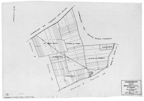 VAUGRIGNEUSE. - Cadastre révisé pour 1937 : plan du tableau d'assemblage, plans de la section A Machery 1ère feuille, idem 2ème feuille, idem 3ème feuille, idem 4ème feuille, idem 5ème feuille, idem 6ème feuille, section B le Village 1ère feuille, idem 2è