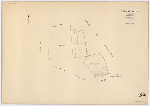 VAUGRIGNEUSE. - Cadastre révisé pour 1937, à jour pour 1978 (2ème édition) : plans du tableau d'assemblage, des sections A (feuilles 3-4), B (feuilles 1-2), C (feuilles 1, 3 et 5) ; feuille renouvelée pour 1978, remembrement partiel : plans des sections Z