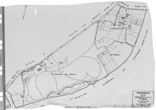 VAUGRIGNEUSE. - Cadastre révisé pour 1937 : plan du tableau d'assemblage, plans de la section A Machery 1ère feuille, idem 2ème feuille, idem 3ème feuille, idem 4ème feuille, idem 5ème feuille, idem 6ème feuille, section B le Village 1ère feuille, idem 2è
