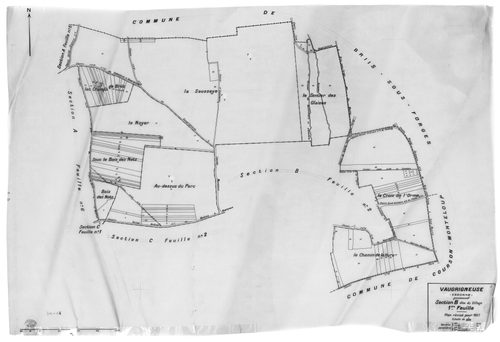 VAUGRIGNEUSE. - Cadastre révisé pour 1937 : plan du tableau d'assemblage, plans de la section A Machery 1ère feuille, idem 2ème feuille, idem 3ème feuille, idem 4ème feuille, idem 5ème feuille, idem 6ème feuille, section B le Village 1ère feuille, idem 2è