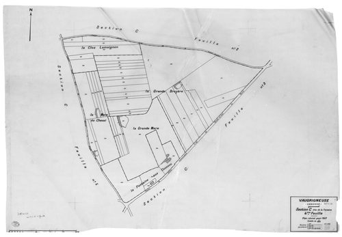 VAUGRIGNEUSE. - Cadastre révisé pour 1937 : plan du tableau d'assemblage, plans de la section A Machery 1ère feuille, idem 2ème feuille, idem 3ème feuille, idem 4ème feuille, idem 5ème feuille, idem 6ème feuille, section B le Village 1ère feuille, idem 2è