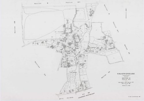 VAUGRIGNEUSE, plans minutes de conservation : tableau d'assemblage,1937, Ech. 1/10000 ; plans des sections A3, A4, B2, C3, C5, 1937, Ech. 1/1250, sections B1, C1, 1937, Ech. 1/2500, sections ZA, ZB, ZC, ZD, ZE, 1978, Ech. 1/2000. Polyester. N et B. Dim. 1