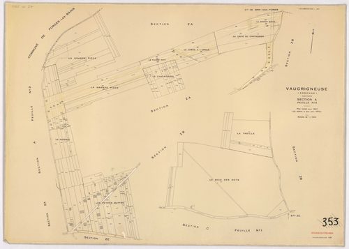 VAUGRIGNEUSE. - Cadastre révisé pour 1937, à jour pour 1978 (2ème édition) : plans du tableau d'assemblage, des sections A (feuilles 3-4), B (feuilles 1-2), C (feuilles 1, 3 et 5) ; feuille renouvelée pour 1978, remembrement partiel : plans des sections Z