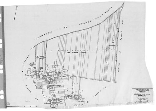 VAUGRIGNEUSE. - Cadastre révisé pour 1937 : plan du tableau d'assemblage, plans de la section A Machery 1ère feuille, idem 2ème feuille, idem 3ème feuille, idem 4ème feuille, idem 5ème feuille, idem 6ème feuille, section B le Village 1ère feuille, idem 2è