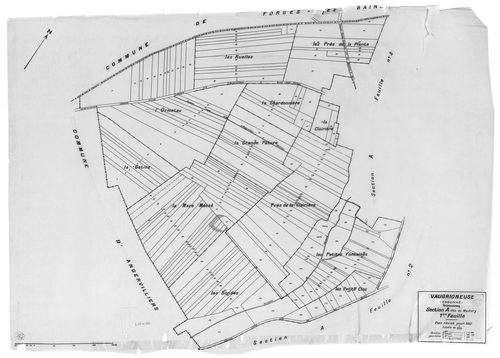 VAUGRIGNEUSE. - Cadastre révisé pour 1937 : plan du tableau d'assemblage, plans de la section A Machery 1ère feuille, idem 2ème feuille, idem 3ème feuille, idem 4ème feuille, idem 5ème feuille, idem 6ème feuille, section B le Village 1ère feuille, idem 2è