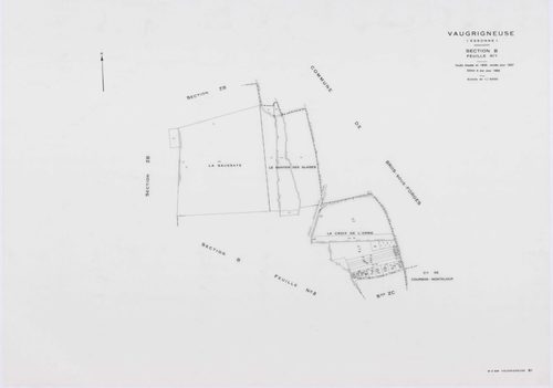 VAUGRIGNEUSE, plans minutes de conservation : tableau d'assemblage,1937, Ech. 1/10000 ; plans des sections A3, A4, B2, C3, C5, 1937, Ech. 1/1250, sections B1, C1, 1937, Ech. 1/2500, sections ZA, ZB, ZC, ZD, ZE, 1978, Ech. 1/2000. Polyester. N et B. Dim. 1