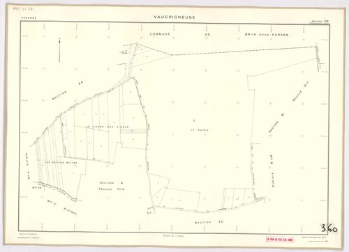 VAUGRIGNEUSE. - Cadastre révisé pour 1937, à jour pour 1978 (2ème édition) : plans du tableau d'assemblage, des sections A (feuilles 3-4), B (feuilles 1-2), C (feuilles 1, 3 et 5) ; feuille renouvelée pour 1978, remembrement partiel : plans des sections Z