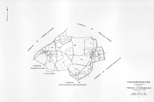 VAUGRIGNEUSE. - Cadastre révisé pour 1937, à jour pour 1978 (2ème édition) : plans du tableau d'assemblage, des sections A (feuilles 3-4), B (feuilles 1-2), C (feuilles 1, 3 et 5) ; feuille renouvelée pour 1978, remembrement partiel : plans des sections Z