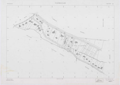VAUHALLAN, plans minutes de conservation : tableau d'assemblage,1935, Ech. 1/5000 ; plans des sections Y, Z, 1961, Ech. 1/2000, sections AE, AH, AI, 1996, Ech. 1/1000, section AD, 1997, Ech. 1/1000, sections AB, AC, 1998, Ech. 1/1000. Polyester. N et B. D