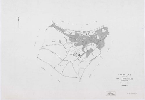 VAUHALLAN, plans minutes de conservation : tableau d'assemblage,1935, Ech. 1/5000 ; plans des sections Y, Z, 1961, Ech. 1/2000, sections AE, AH, AI, 1996, Ech. 1/1000, section AD, 1997, Ech. 1/1000, sections AB, AC, 1998, Ech. 1/1000. Polyester. N et B. D