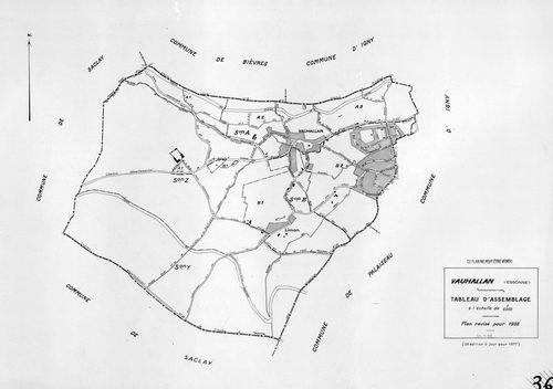 VAUHALLAN. - Plan révisé pour 1935, à jour pour 1976 (2ème, 3ème édition) : plans des sections A (feuilles 1, 3), et B (feuilles 1-2) ; plan révisé pour 1935, à jour pour 1977 : plans du tableau d'assemblage et de la section A ; plan révisé pour 1935, à j