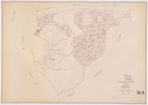 VAUHALLAN. - Plan révisé pour 1935, à jour pour 1976 (2ème, 3ème édition) : plans des sections A (feuilles 1, 3), et B (feuilles 1-2) ; plan révisé pour 1935, à jour pour 1977 : plans du tableau d'assemblage et de la section A ; plan révisé pour 1935, à j