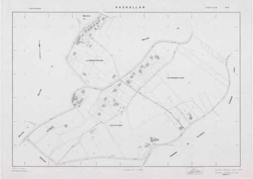 VAUHALLAN, plans minutes de conservation : tableau d'assemblage,1935, Ech. 1/5000 ; plans des sections Y, Z, 1961, Ech. 1/2000, sections AE, AH, AI, 1996, Ech. 1/1000, section AD, 1997, Ech. 1/1000, sections AB, AC, 1998, Ech. 1/1000. Polyester. N et B. D
