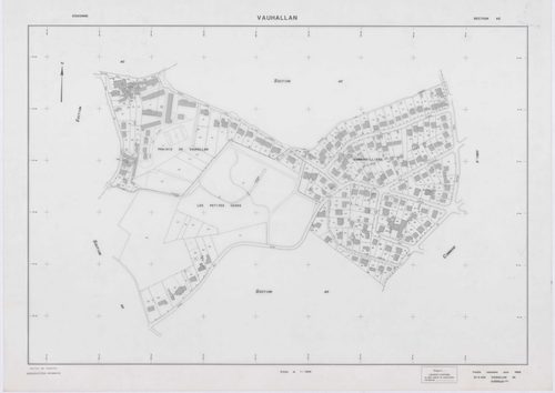 VAUHALLAN, plans minutes de conservation : tableau d'assemblage,1935, Ech. 1/5000 ; plans des sections Y, Z, 1961, Ech. 1/2000, sections AE, AH, AI, 1996, Ech. 1/1000, section AD, 1997, Ech. 1/1000, sections AB, AC, 1998, Ech. 1/1000. Polyester. N et B. D