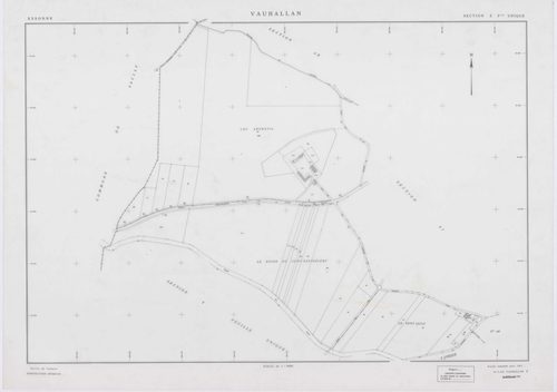 VAUHALLAN, plans minutes de conservation : tableau d'assemblage,1935, Ech. 1/5000 ; plans des sections Y, Z, 1961, Ech. 1/2000, sections AE, AH, AI, 1996, Ech. 1/1000, section AD, 1997, Ech. 1/1000, sections AB, AC, 1998, Ech. 1/1000. Polyester. N et B. D