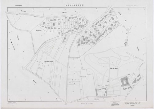 VAUHALLAN, plans minutes de conservation : tableau d'assemblage,1935, Ech. 1/5000 ; plans des sections Y, Z, 1961, Ech. 1/2000, sections AE, AH, AI, 1996, Ech. 1/1000, section AD, 1997, Ech. 1/1000, sections AB, AC, 1998, Ech. 1/1000. Polyester. N et B. D